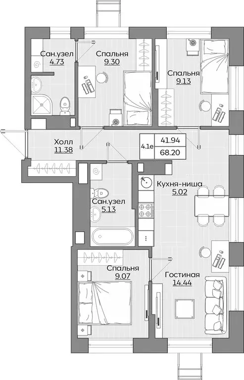 4-комнатная квартира: Казань, ЖК Батталовский (68.2 м) - Фото 1