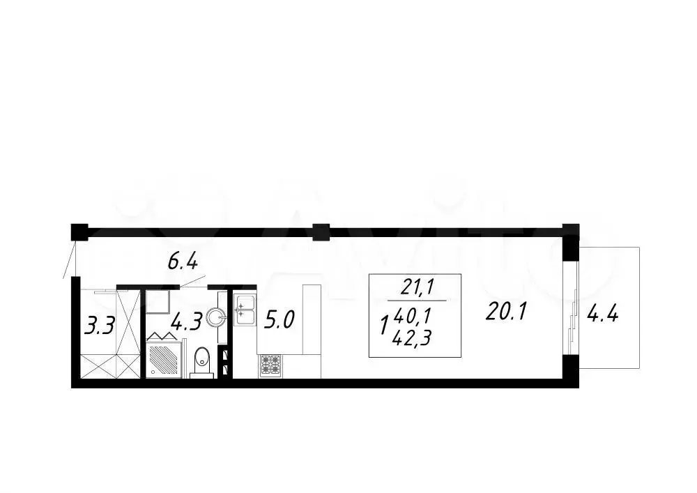 1-к. квартира, 42,3 м, 7/8 эт. - Фото 0