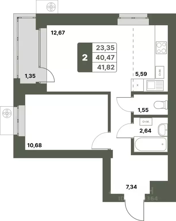 2-к кв. Башкортостан, Уфимский район, с. Миловка  (41.82 м) - Фото 0
