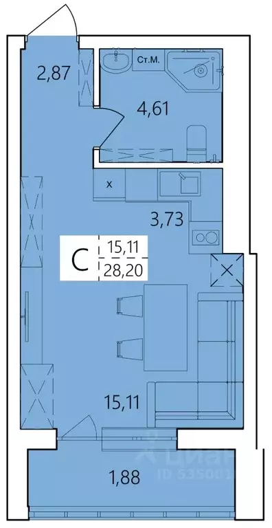 Студия Башкортостан, Уфа Затон жилрайон, Волна жилой комплекс (28.2 м) - Фото 1