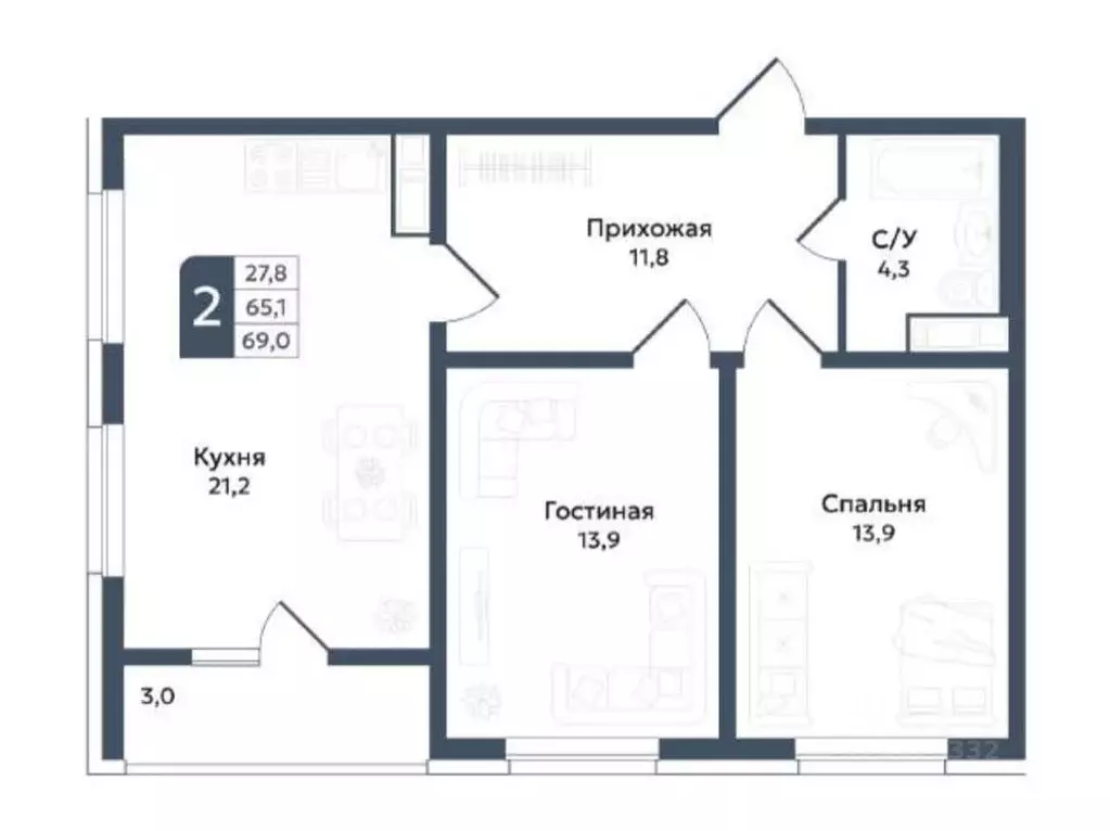 2-к кв. Ставропольский край, Ставрополь ул. Андрея Голуба, 11Б (69.0 ... - Фото 1