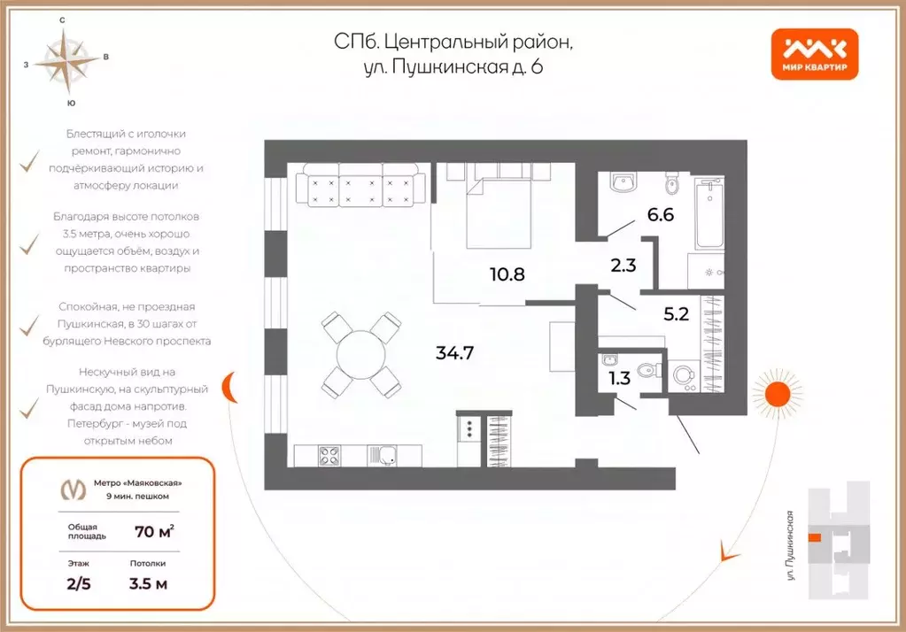 2-к кв. Санкт-Петербург Пушкинская ул., 6 (70.0 м) - Фото 2