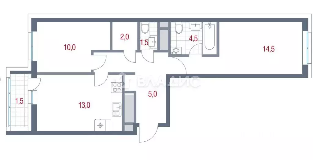 Квартира, 2 комнаты, 58 м - Фото 0