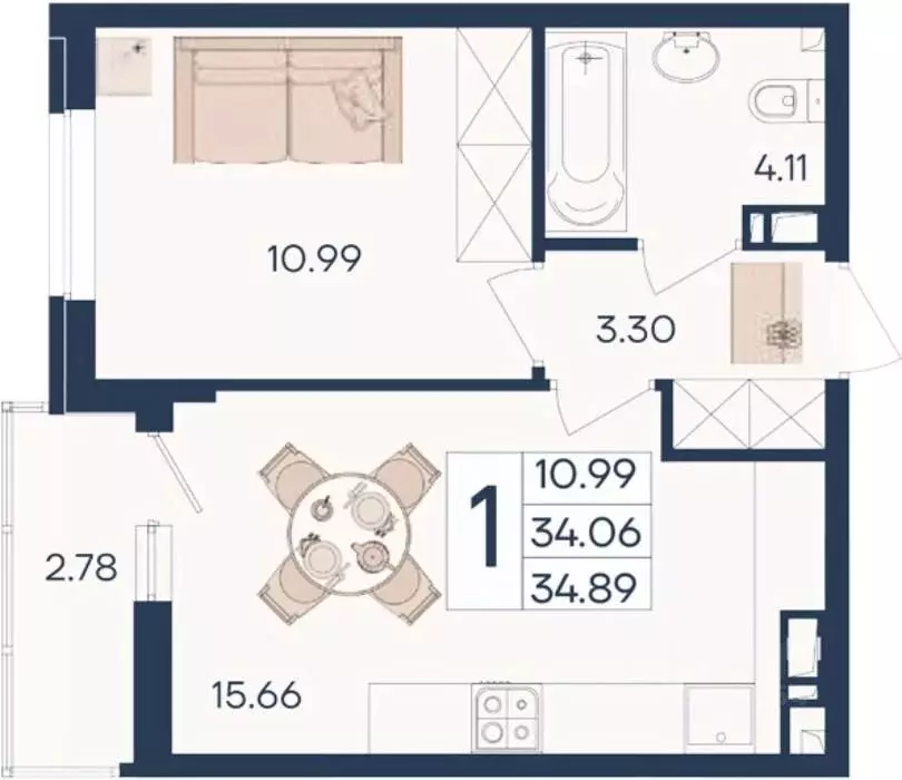 1-к кв. Краснодарский край, Краснодар  (34.89 м) - Фото 1