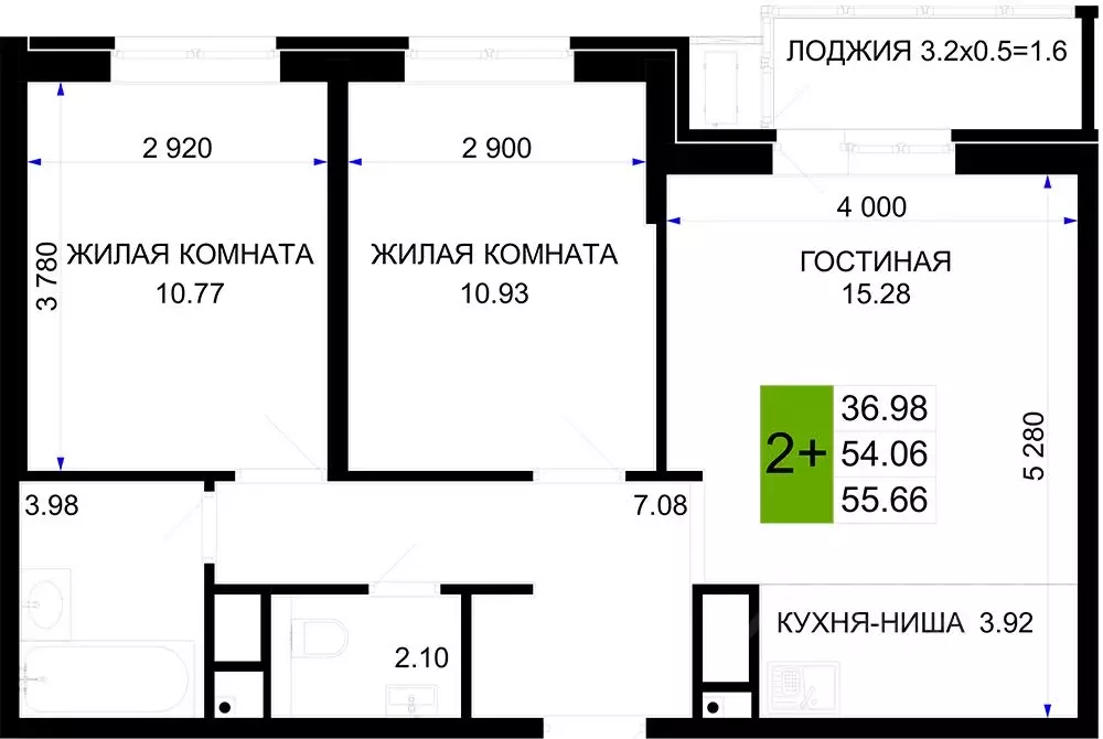 2-к кв. Краснодарский край, Краснодар  (55.66 м) - Фото 0