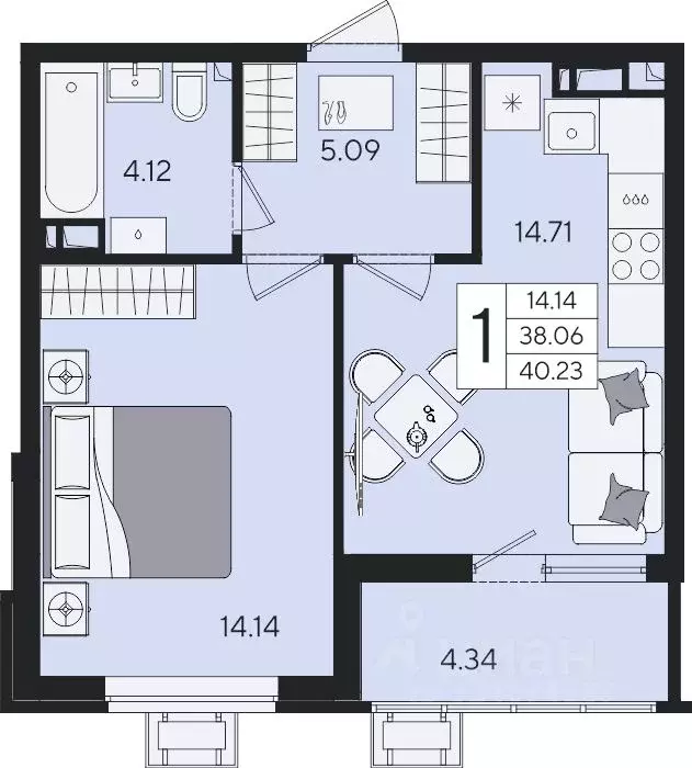 1-к кв. Краснодарский край, Краснодар  (40.23 м) - Фото 2
