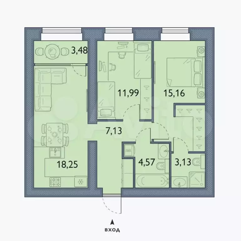 2-к. квартира, 63,7 м, 13/15 эт. - Фото 1