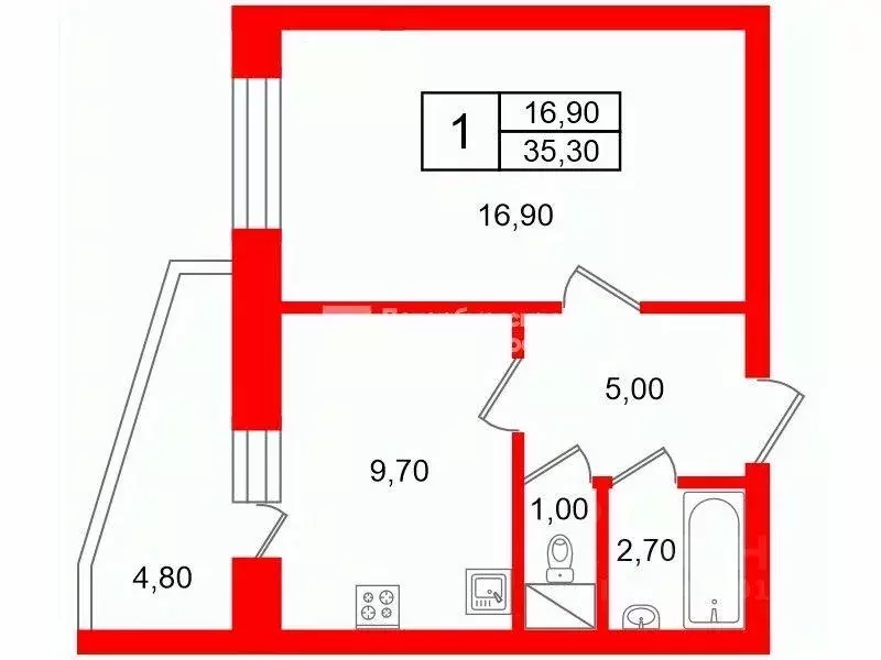 Квартира, 1 комната, 35.29 м - Фото 0