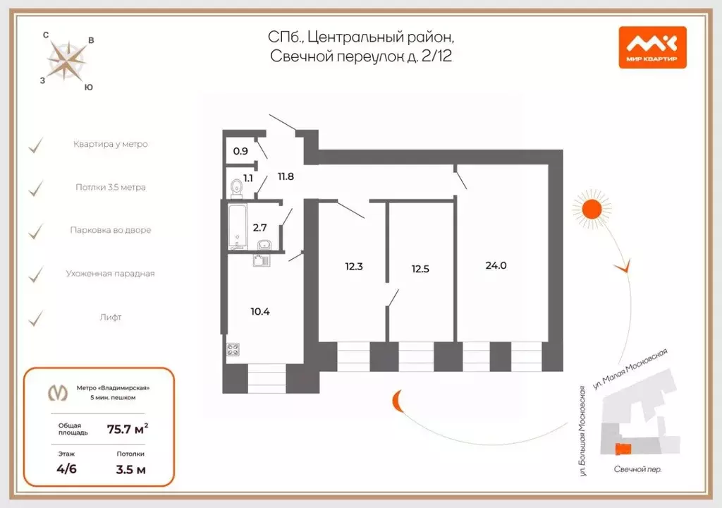 3-к кв. Санкт-Петербург Свечной пер., 2/12 (75.7 м) - Фото 2