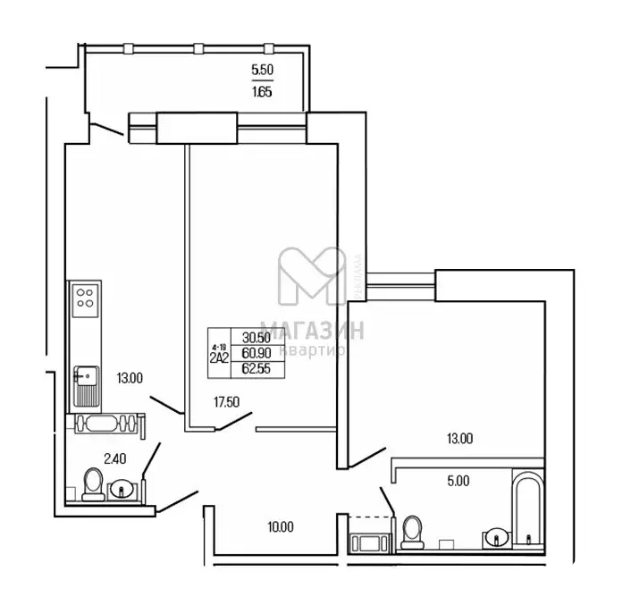 2-комнатная квартира: городской посёлок Кузьмоловский, 5 (62.55 м) - Фото 1