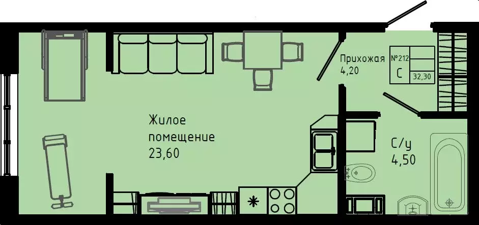 Квартира-студия: Коммунар, Железнодорожная улица, 41к3 (32.3 м) - Фото 1