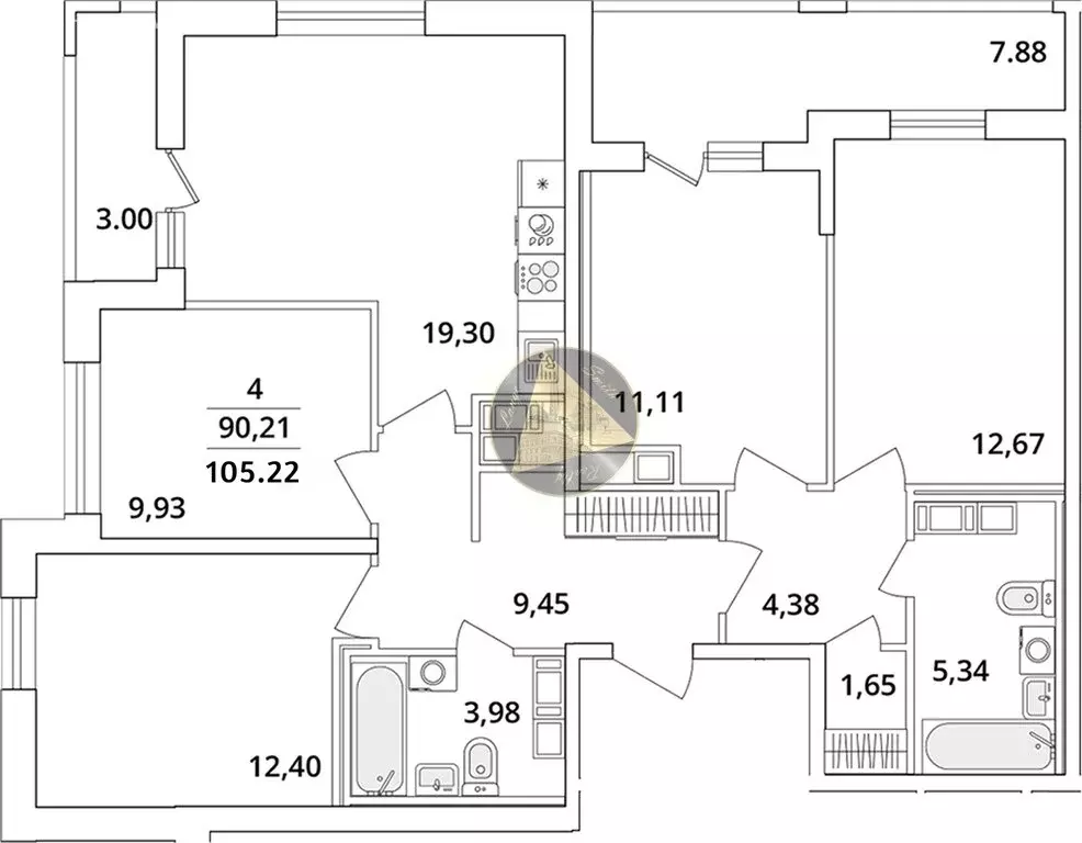 4-комнатная квартира: Санкт-Петербург, Кубинская улица, 82к3с1 (105.22 ... - Фото 0