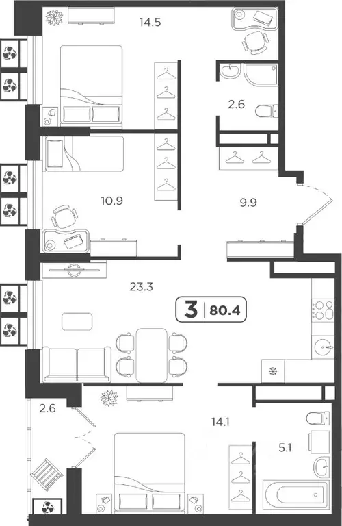 3-к кв. Тюменская область, Тюмень  (80.43 м) - Фото 0
