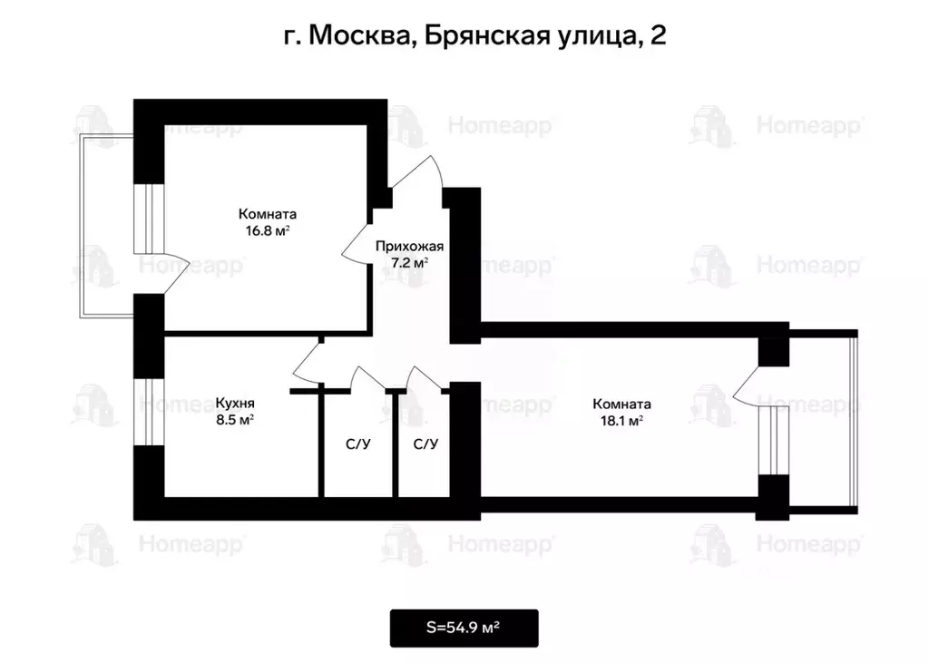 2-к кв. Москва Брянская ул., 2 (54.9 м) - Фото 2