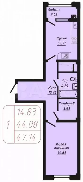 1-к. квартира, 47 м, 5/9 эт. - Фото 0
