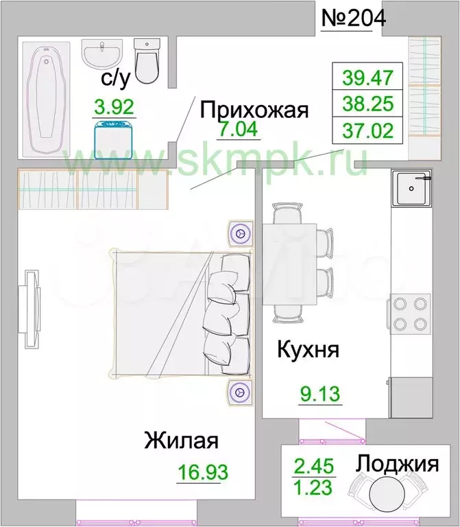 1-к. квартира, 38,3 м, 4/9 эт. - Фото 0