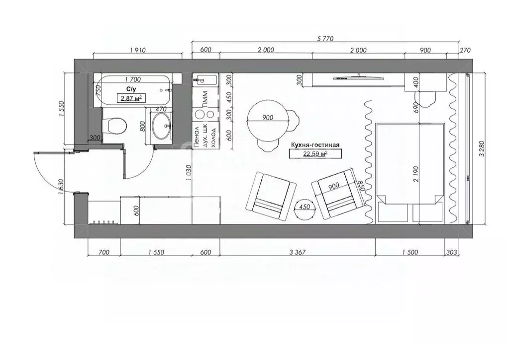 Студия Приморский край, Владивосток Стрелковая ул., 18к2 (25.4 м) - Фото 1