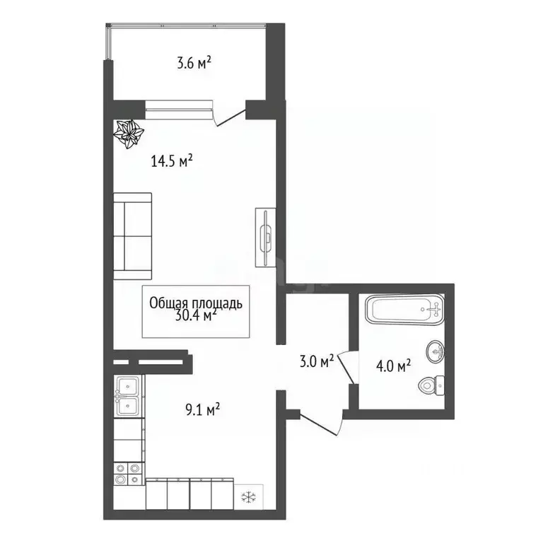 Студия Новосибирская область, Новосибирск Рельефная ул., 106 (30.4 м) - Фото 2