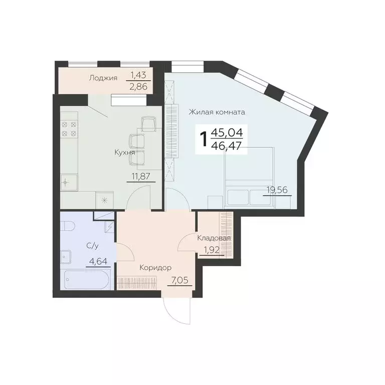 1-комнатная квартира: Воронеж, Ленинградская улица, 29Б (46.47 м) - Фото 0