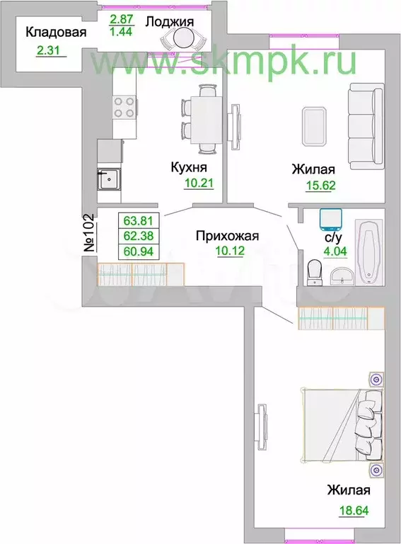 2-к. квартира, 62,4 м, 6/9 эт. - Фото 1