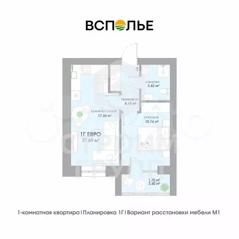 1-к. квартира, 37,7 м, 1/3 эт. - Фото 0