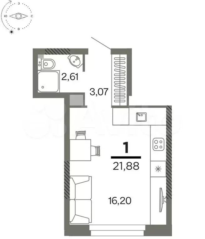 1-к. квартира, 21,9 м, 11/26 эт. - Фото 1