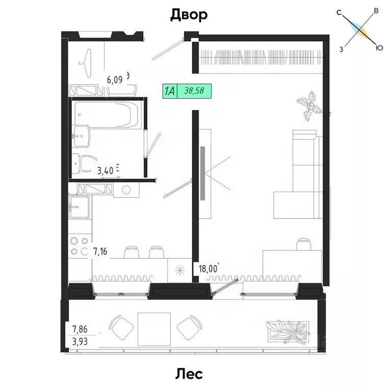 1-к кв. Томская область, Томск тракт Иркутский, 185Б (38.58 м) - Фото 0