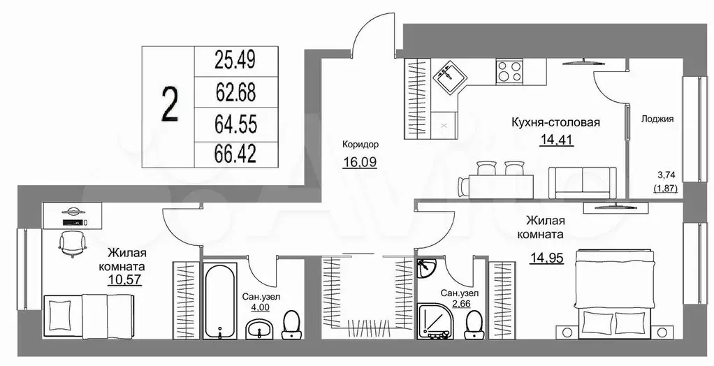 2-к. квартира, 66,4 м, 8/8 эт. - Фото 0