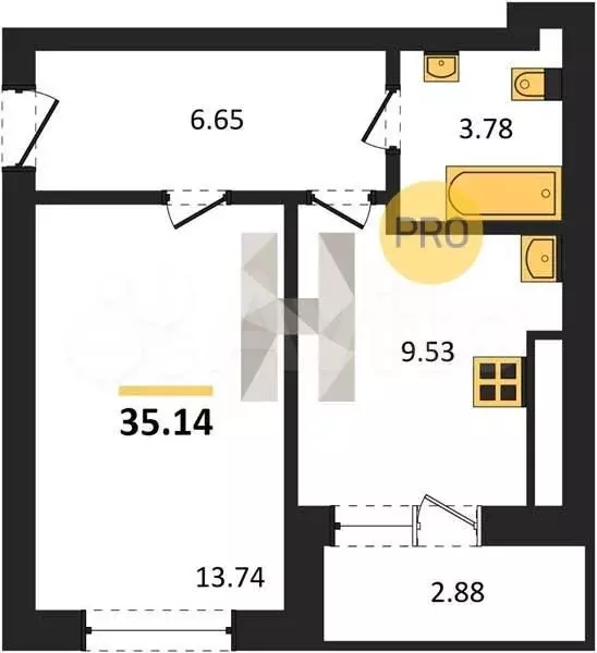 1-к. квартира, 35,1 м, 6/9 эт. - Фото 1