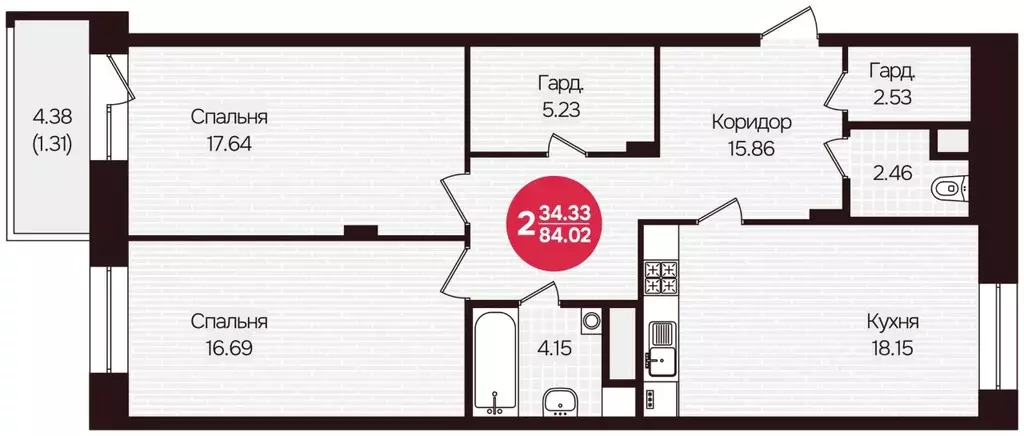 2-к кв. Чувашия, Чебоксары Фруктовая ул., поз1 (84.02 м) - Фото 1