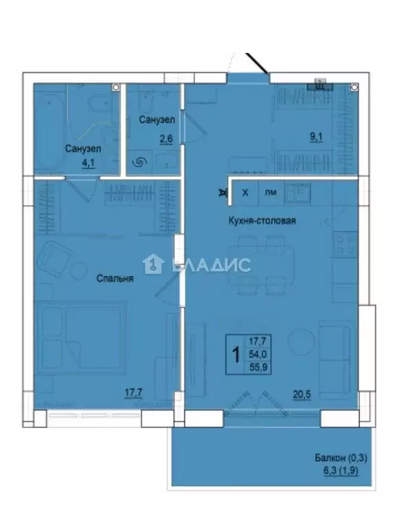 1-комнатная квартира: Калининград, улица Молодой Гвардии, 34 (56 м) - Фото 1