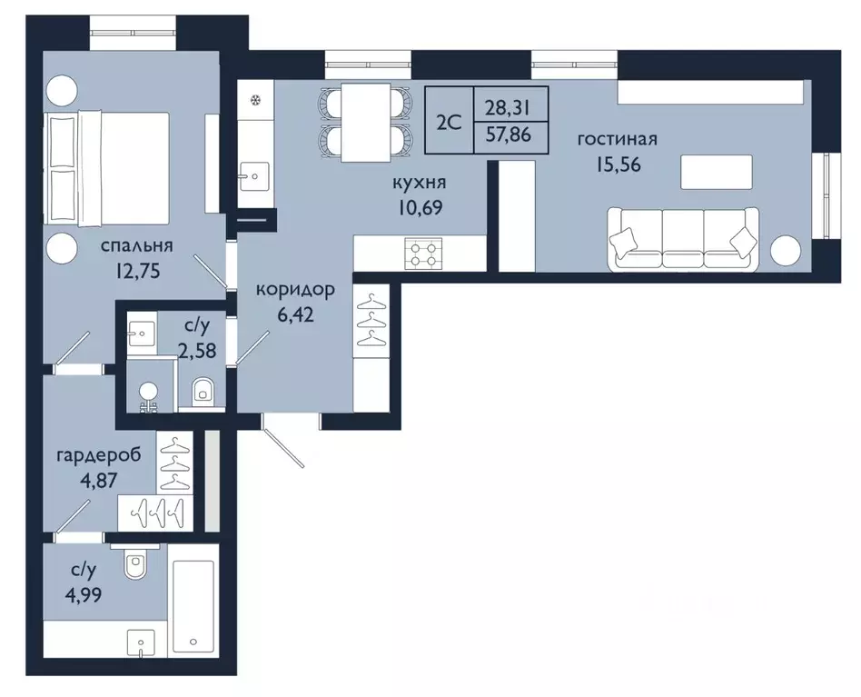 2-к кв. Башкортостан, Уфа Сириус жилой комплекс (57.86 м) - Фото 1