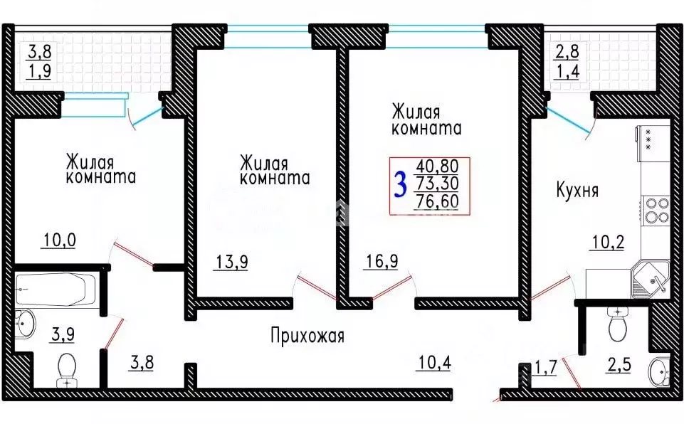 3-к кв. Воронежская область, Воронеж Острогожская ул., 166/3 (76.6 м) - Фото 0