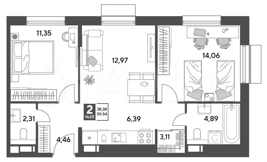 2-к. квартира, 59,5 м, 5/9 эт. - Фото 0