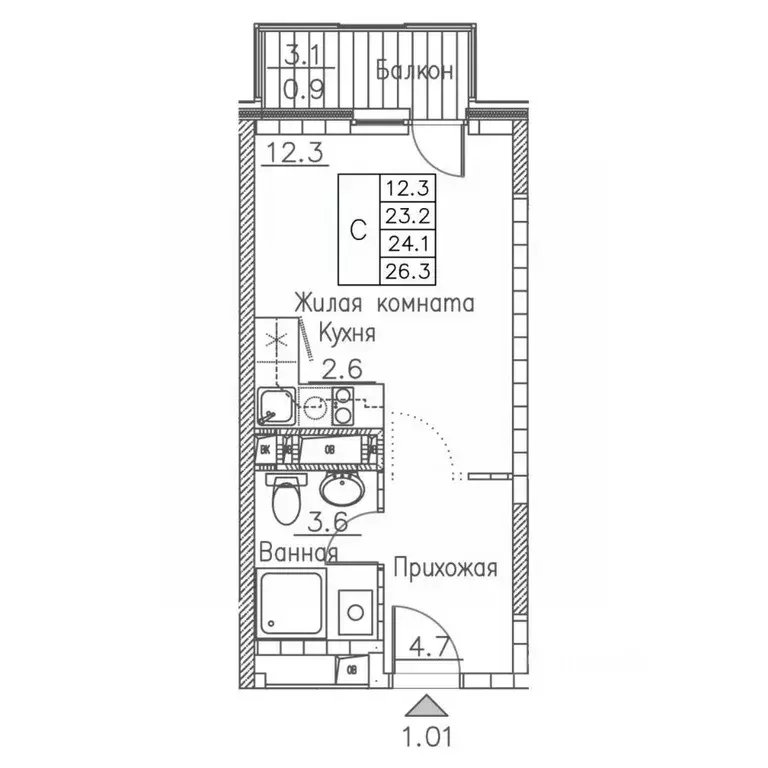 1-к кв. Приморский край, Владивосток ул. Расула Гамзатова, 7к1 (26.3 ... - Фото 1