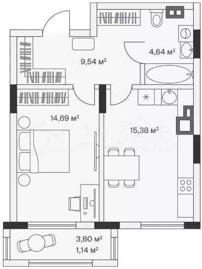 1-к. квартира, 45,4 м, 1/7 эт. - Фото 1
