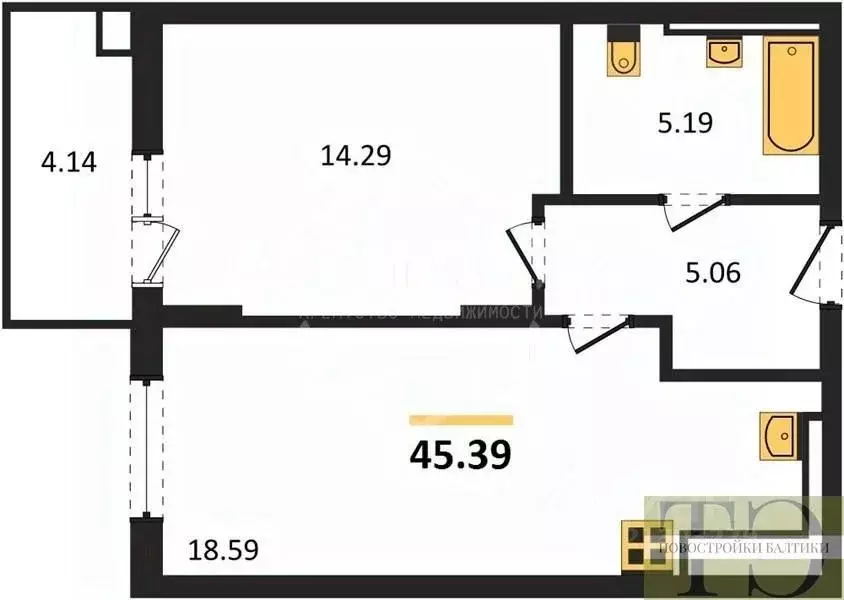 1-к кв. Калининградская область, Калининград ул. Ломоносова, 52 (45.39 ... - Фото 0