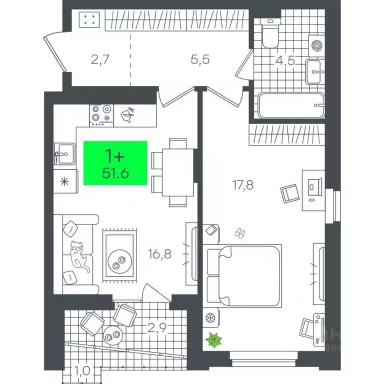1-к кв. Тюменская область, Тюмень ул. Василия Малкова, 5 (51.6 м) - Фото 0