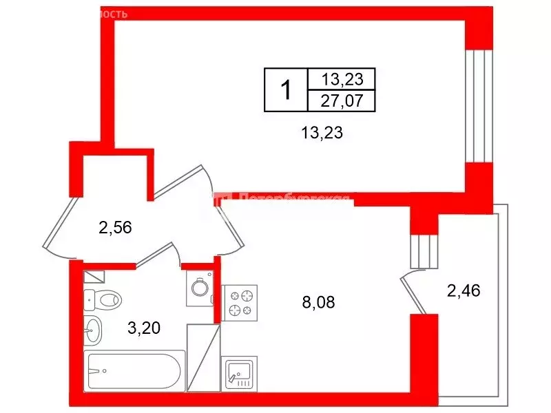 1-комнатная квартира: Мурино, Воронцовский бульвар, 21к2 (27.07 м) - Фото 1