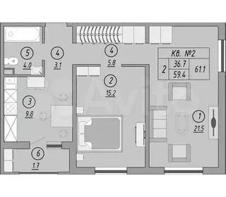 2-к. квартира, 61,1 м, 1/19 эт. - Фото 0