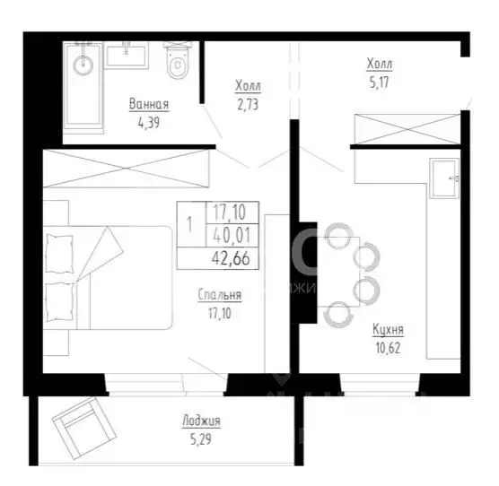 1-к кв. Омская область, Омск ул. 24-я Северная, 93к1 (41.0 м) - Фото 2