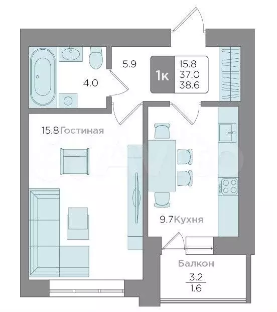 1-к. квартира, 38,6 м, 7/9 эт. - Фото 1