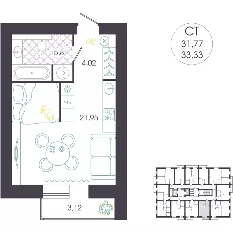 Студия Пензенская область, Пенза Колышлейская ул., 7 (33.95 м) - Фото 2