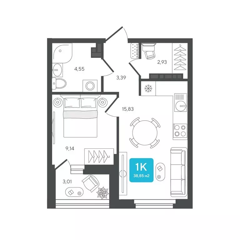1-комнатная квартира: Дербыши, жилой комплекс Дабл-Дабл (38.85 м) - Фото 1