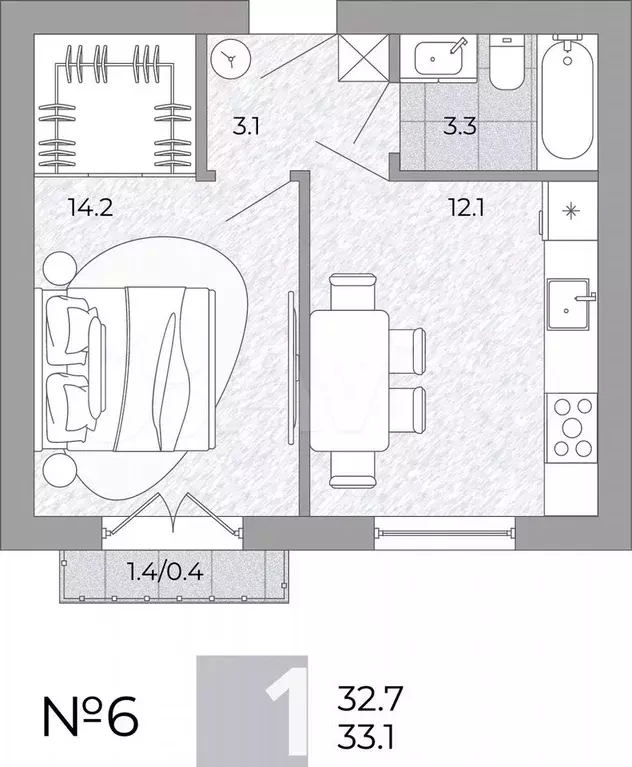 1-к. квартира, 33,1 м, 1/4 эт. - Фото 0