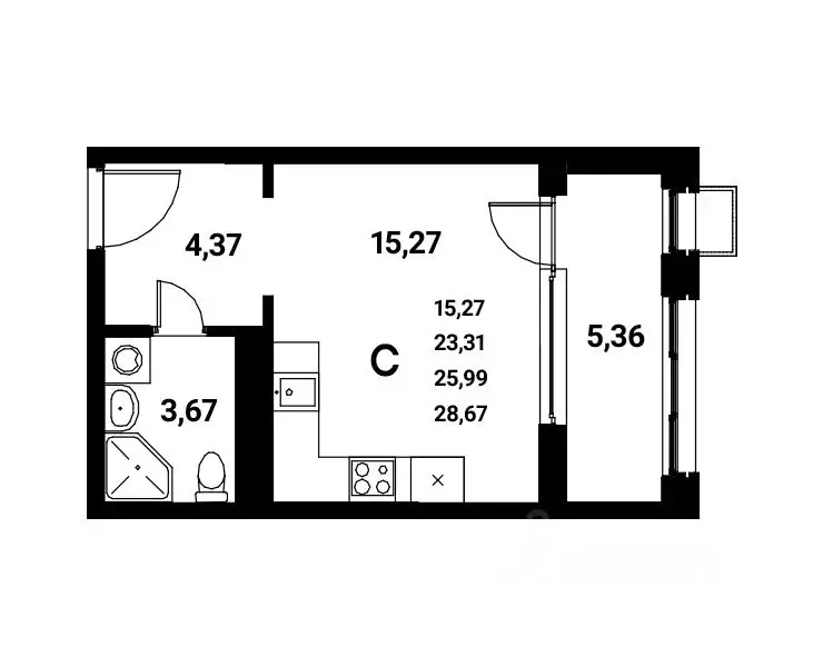 Студия Воронежская область, Воронеж наб. Чуева, 7 (25.99 м) - Фото 1