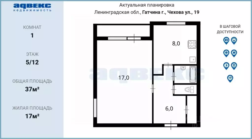 1-к кв. Ленинградская область, Гатчина ул. Чехова, 19 (37.0 м) - Фото 2
