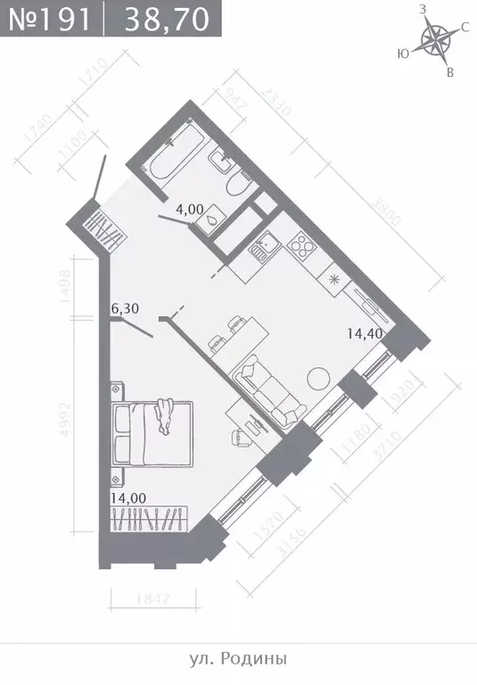 1-к кв. Татарстан, Казань ул. Родины, 27Б (38.7 м) - Фото 1