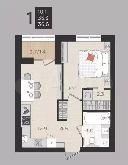 1-к. квартира, 33,7 м, 4/4 эт. - Фото 1