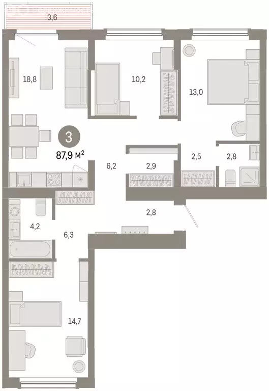 3-комнатная квартира: Омск, Кировский округ (87.86 м) - Фото 2